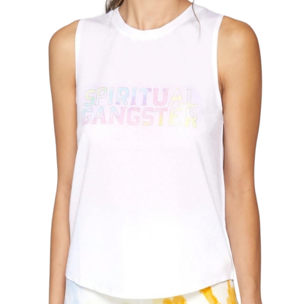 Spiritual Gangster Varsity Active Muscle Tank Size Xs White Pastel Rainbow
